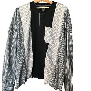 Upcycled Plus Size Mixed Prints Plaid Shirt: Reworked Patchwork Boho Spliced Top